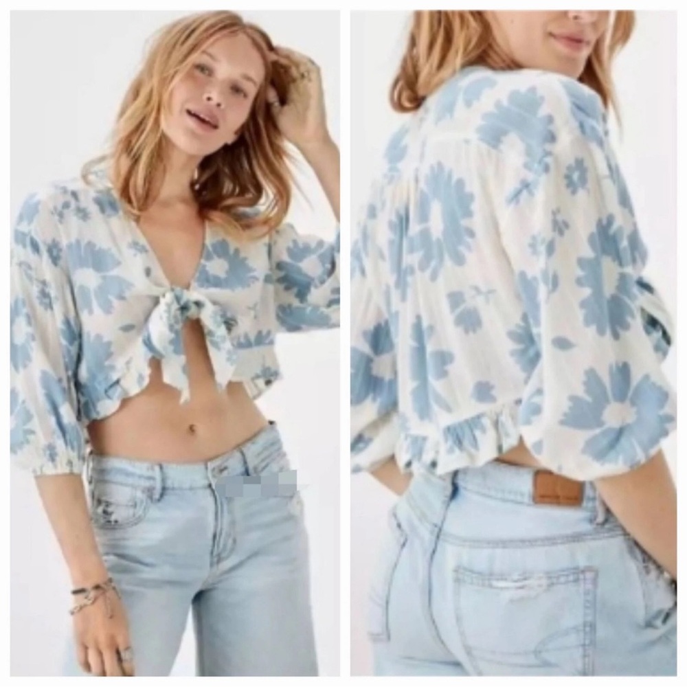 American Eagle Outfitters Blue and White Puff Sleeve Crop Top, Cotton Blend, XS